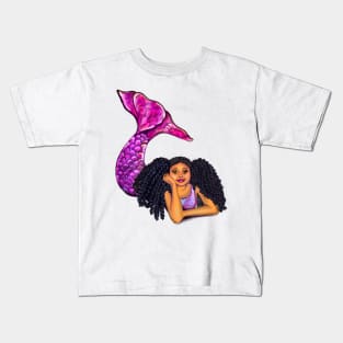 Magical rainbow mermaid lying on sand with brown eyes curly Afro hair and caramel skin, black mermaid Kids T-Shirt